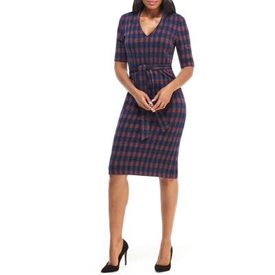 Maggy London Metallic Plaid Belted Sheath Dress, Blue