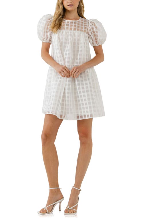 Gridded Puff Sleeve Dress in White