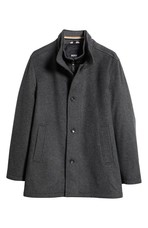 Shop Hugo Boss Boss Coxtan Virgin Wool Blend Coat With Bib In Medium Grey