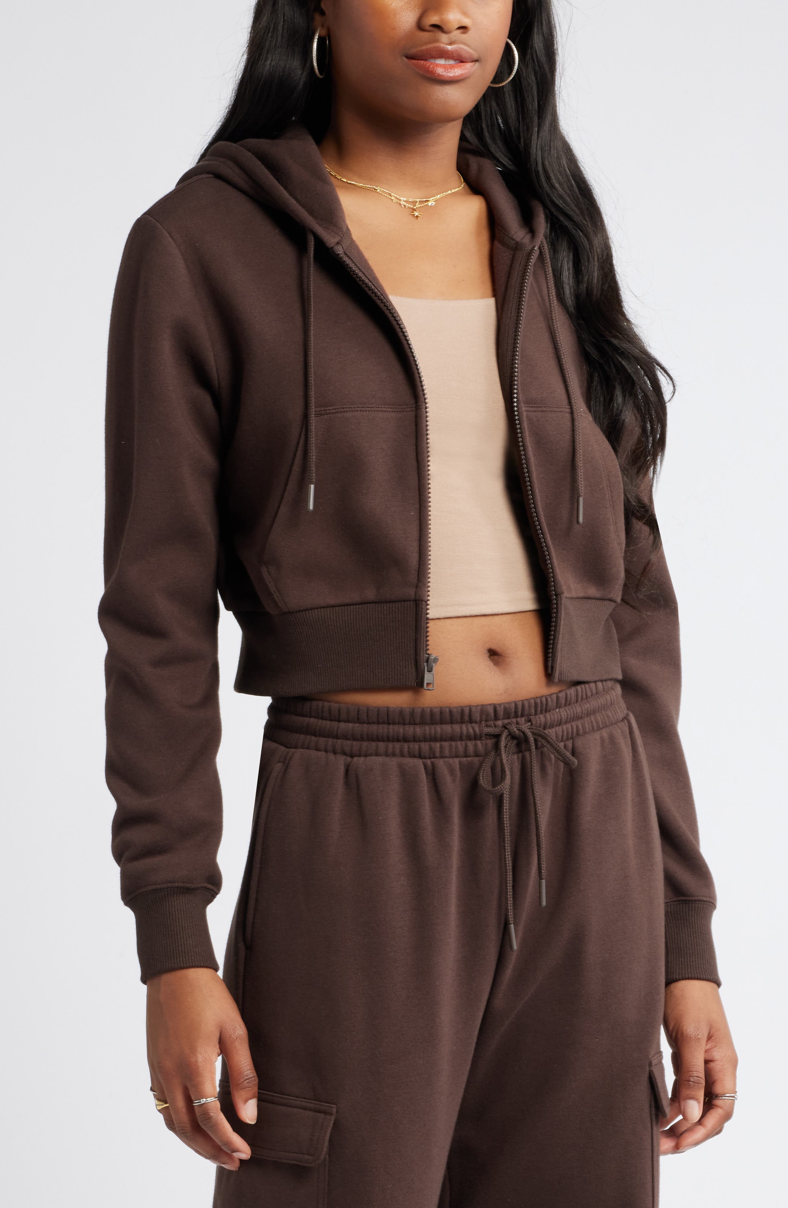 BP. Crop Zip Fleece Hoodie in Brown Coffee Cover