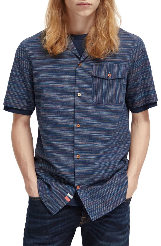 Shop Scotch & Soda Spaced Out Short Sleeve Linen Blend Camp Shirt In Multi Blue Stripe