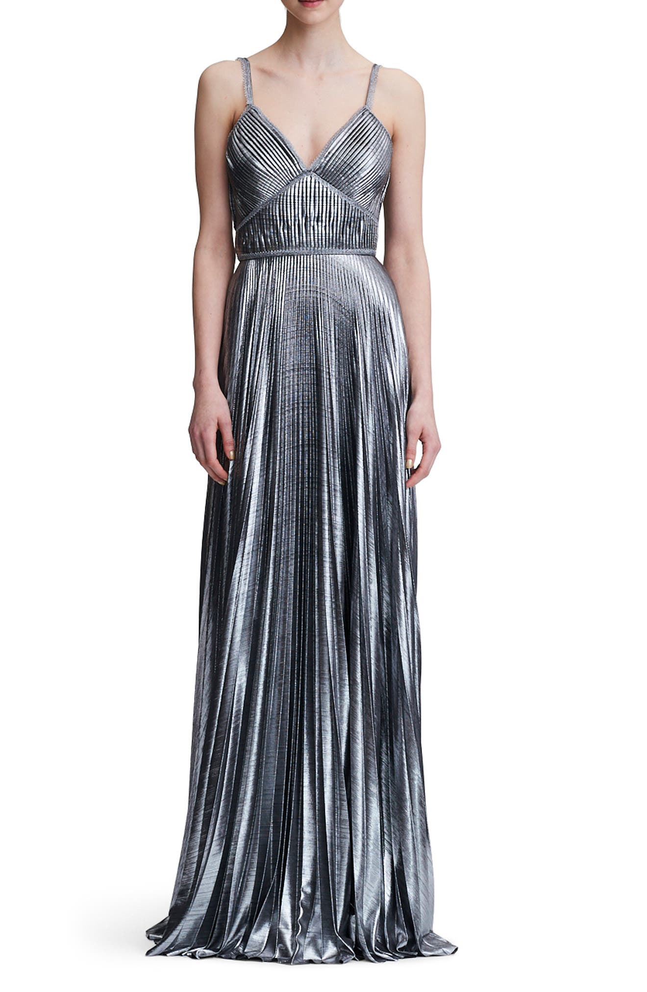 Marchesa Notte Pleated Lame A-Line Gown