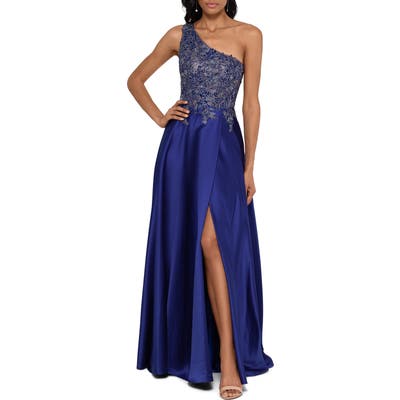 Xscape One-Shoulder Lace Applique Satin Ballgown, Metallic