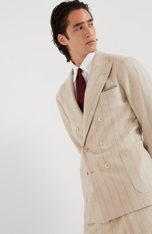 Shop Brunello Cucinelli Wool And Cashmere Wide Chalk Stripe Combed Flannel One-and-a-half Breasted Decons In Sand