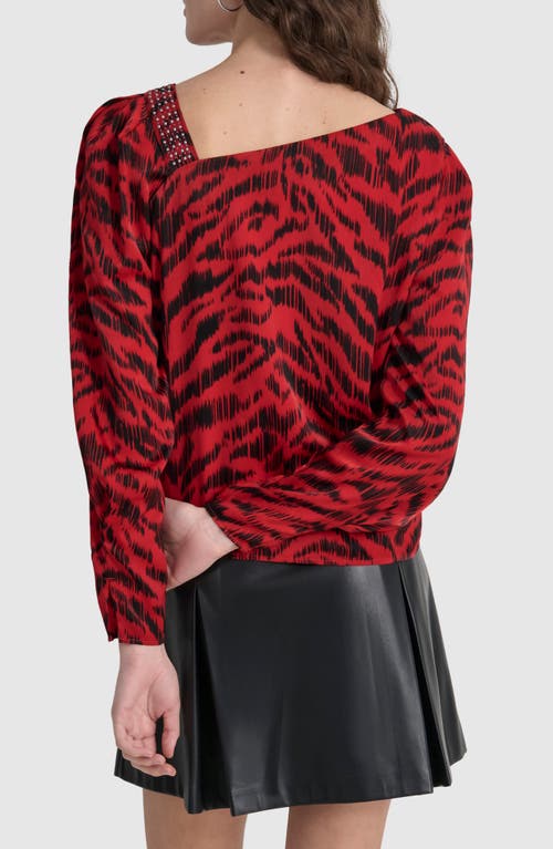 Shop Dkny Asymmetric Neck Satin Top In Red Tiger