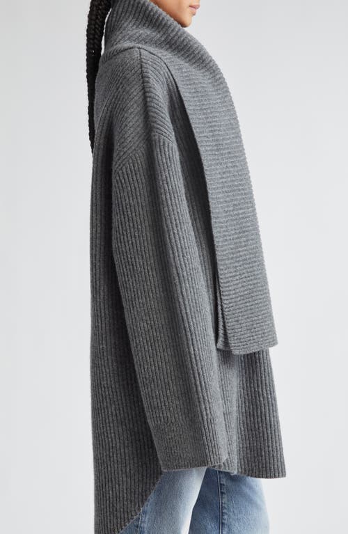 Shop Totême Toteme Draped Scarf Oversize Funnel Neck Wool Rib Sweater In Dark Grey Melange