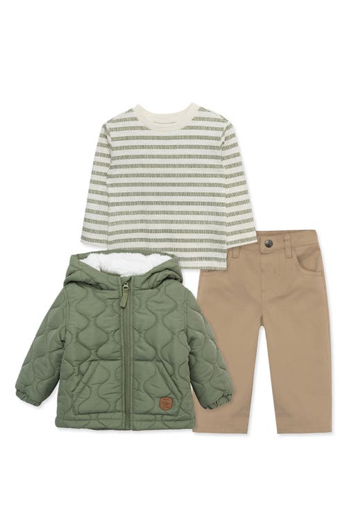 Little Me Babies'  Olive Quilted Hooded Jacket, Long Sleeve T-shirt & Pants Set In Green