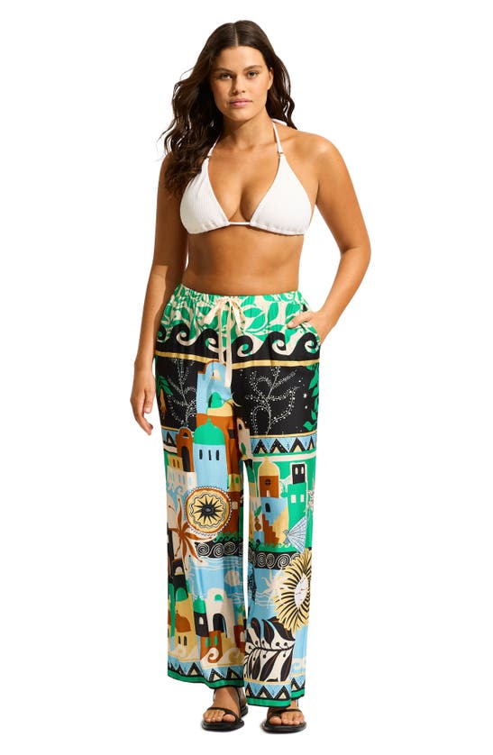 Shop Seafolly Print Wide Leg Cover-up Pants In Ecru