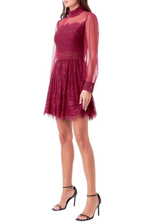 Endless Rose Mixed Lace Long Sleeve Cocktail Dress In Maroon