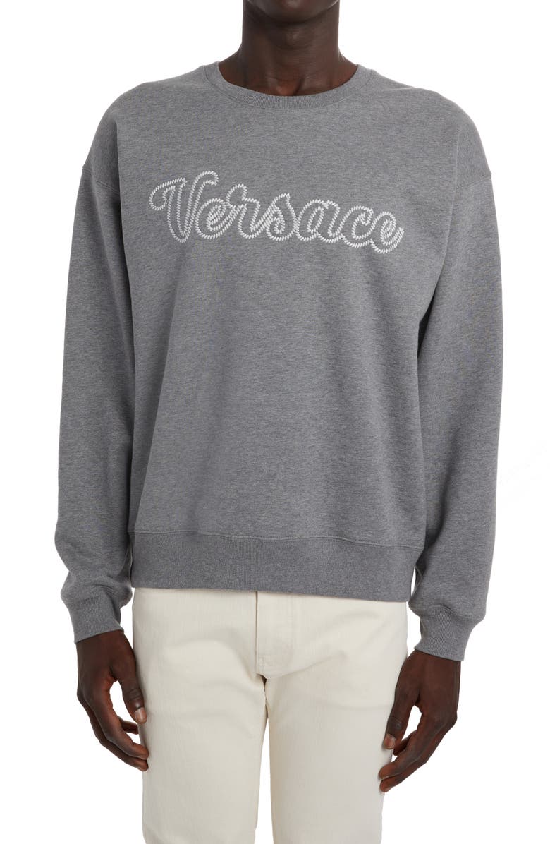 Versace Whipstitch Varsity Logo Fleece Lined Cotton Sweatshirt