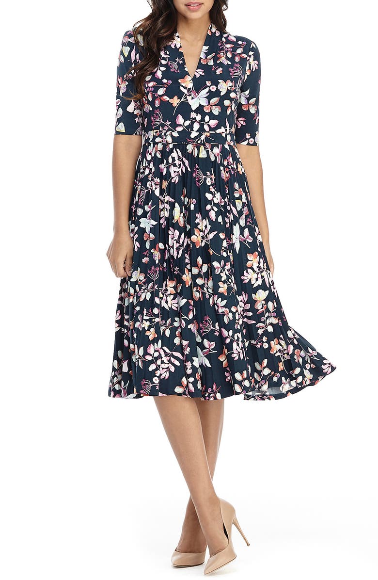 Maggy London Floral Pleated Fit & Flare Midi Dress | Nordstrom