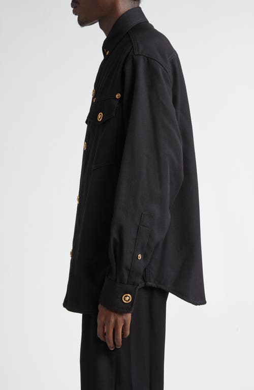 Shop Versace Wool Gabardine Button-down Overshirt In Black