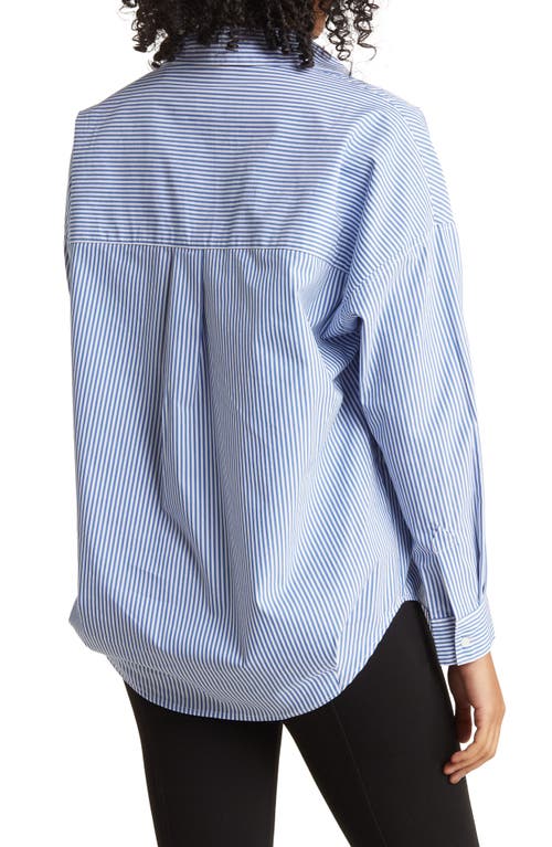 Shop T Tahari Oversized Poplin Tunic Shirt In Blue/white Stripe