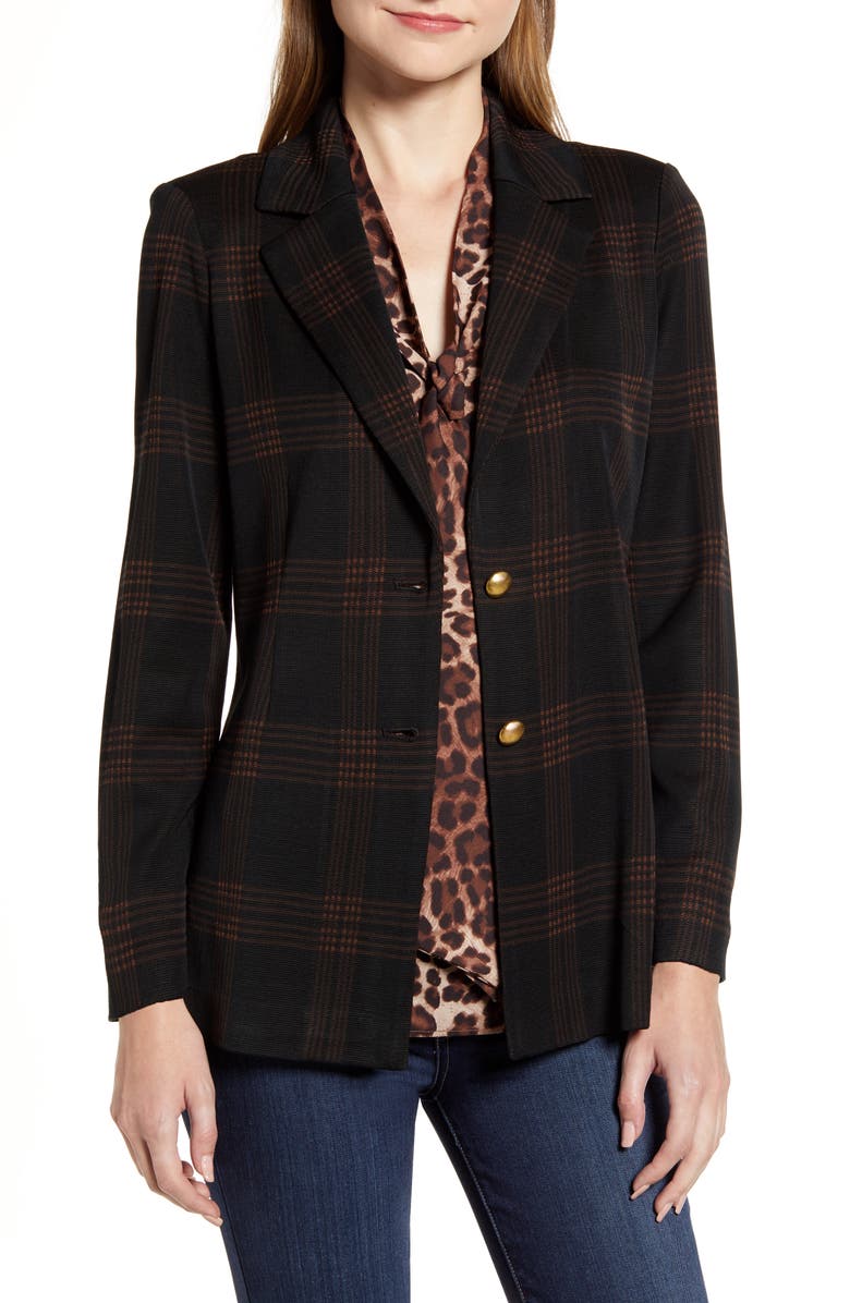 MING WANG Check Knit Jacket, Main, color, BLACK/ COFFEE/ COGNAC