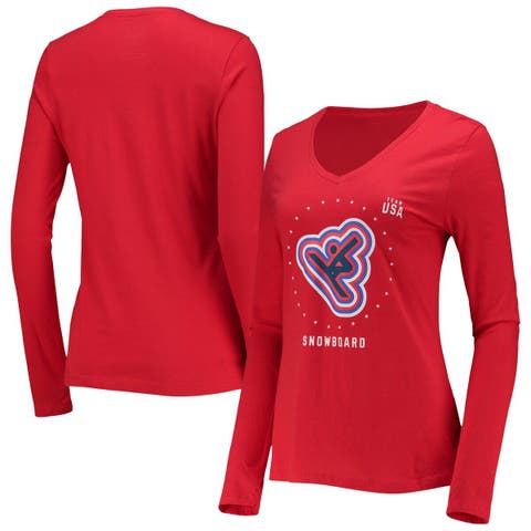 RED SHIRT ATHLEISURE LONG SLEEVE SIDE GATHERED T SHIRT WOMENS