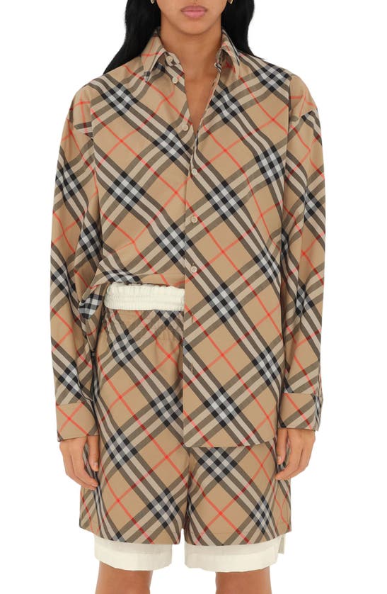 Shop Burberry Oversize Check Cotton Poplin Button-up Shirt In Sand Ip Check