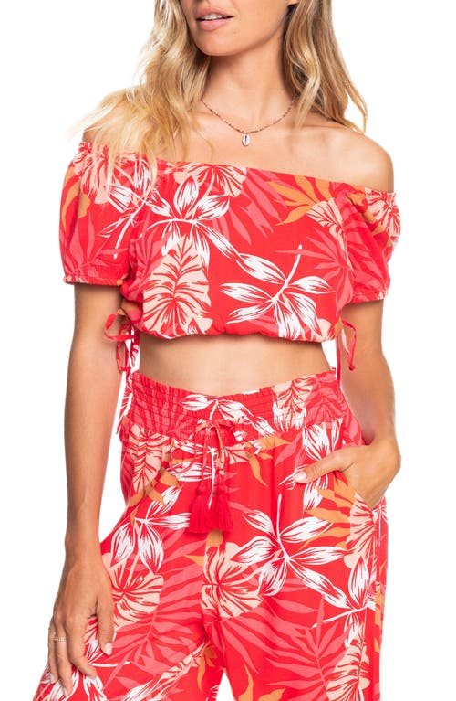 Roxy Dear Amor Ruched Crop Top in Hibiscus Seaside Tropics V1 at Nordstrom, Size Medium