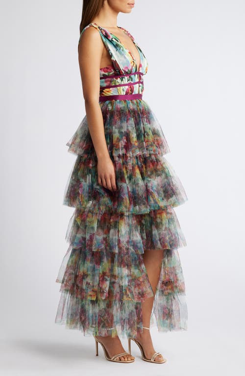 Bebe Tiered High Low Mesh Dress In Olive Multi