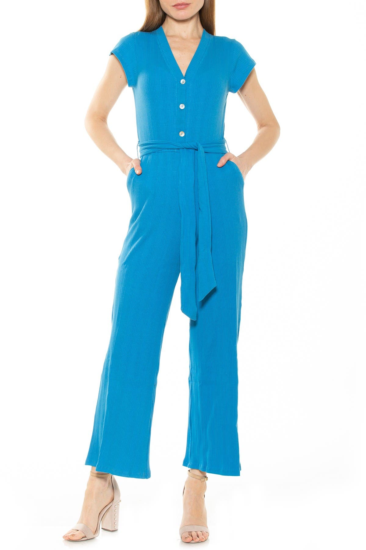 Alexia Admor Ezra Ribbed Button Down Straight Leg Jumpsuit In Royal Blue