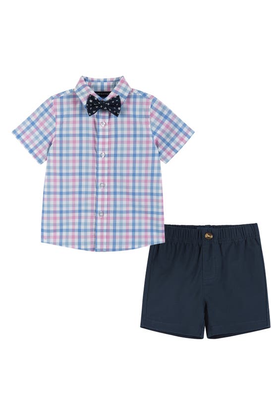 Shop Andy & Evan Short Sleeve Cotton Button-up Shirt, Shorts & Bow Tie Set In White Plaid