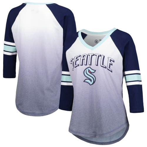Women's G-III 4Her by Carl Banks Deep Sea Blue Seattle Kraken Lead Off Tri-Blend Raglan 3/4-Sleeve V-Neck T-Shirt in Navy