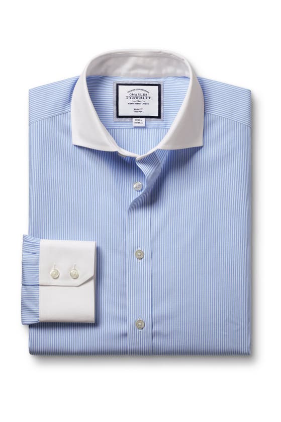 Shop Charles Tyrwhitt Winchester Bengal Stripe Non-iron Poplin Slim Fit Shirt Single Cuff In Sky Blue