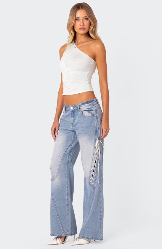 Shop Edikted Lace-up Low Rise Wide Leg Jeans In Light-blue