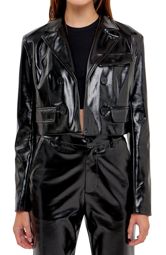 Grey Lab Shiny Faux Leather Crop Jacket In Black