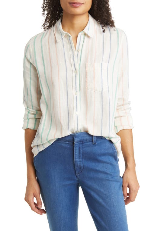 caslon(r) Casual Linen Blend Button-Up Shirt in Ivory- Multi Bolinas Stripe