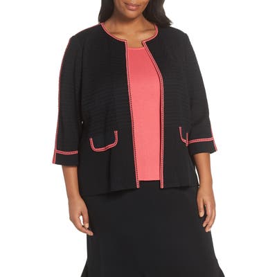 Plus Size Ming Wang Contrast Trim Jacquard Knit Jacket, Black