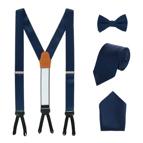 Trafalgar Sutton Solid Color Silk Brace Bow Tie Necktie And Pocket Square Set In Navy