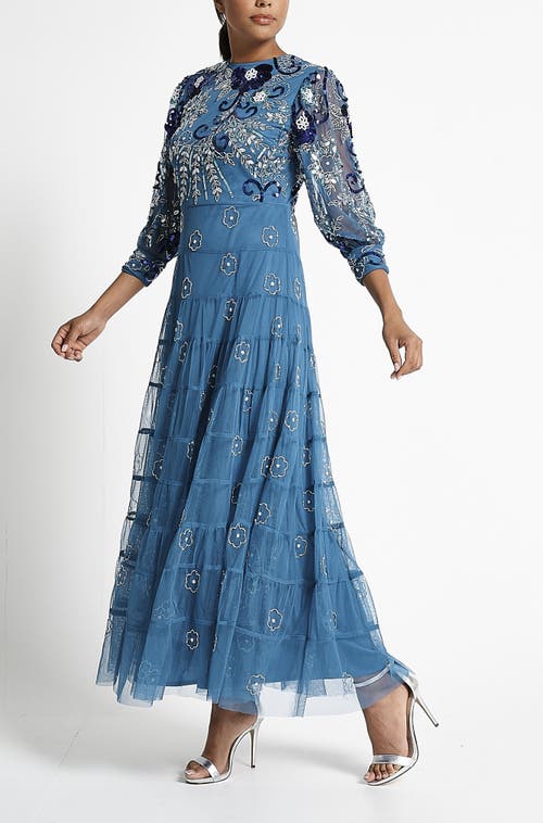 Shop Frock And Frill Long Sleeve Floral Embellished Gown In Majolica Blue