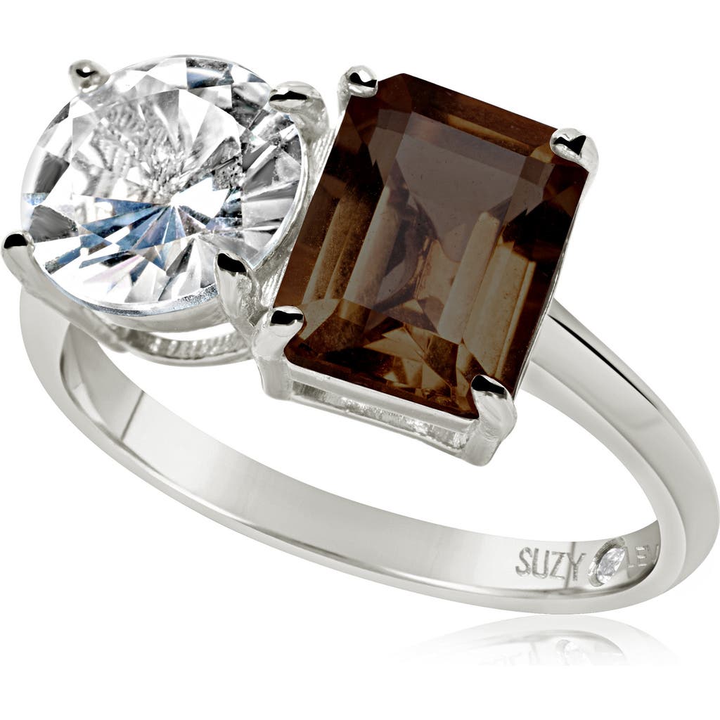 Shop Suzy Levian Sterling Silver Two-stone Ring In Silver/brown
