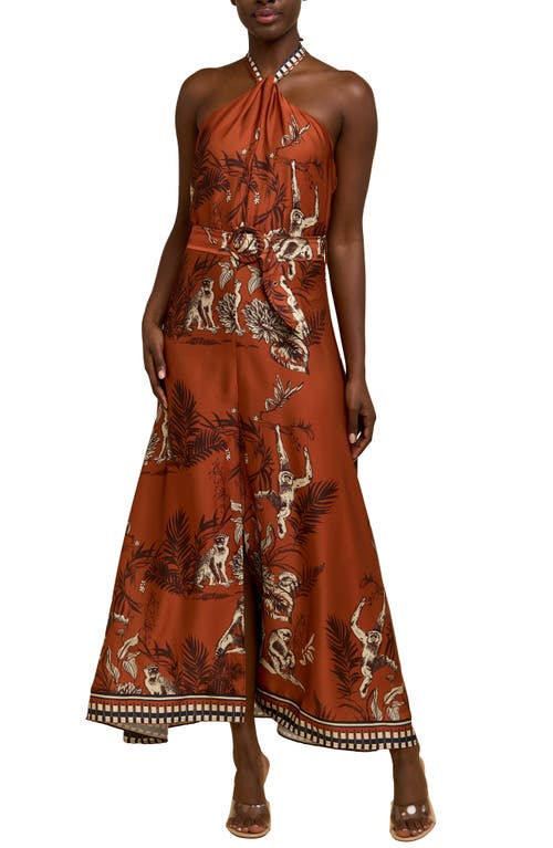 CIEBON Courtney Animal Print Halter Neck Satin Maxi Dress in Amber at Nordstrom, Size X-Small