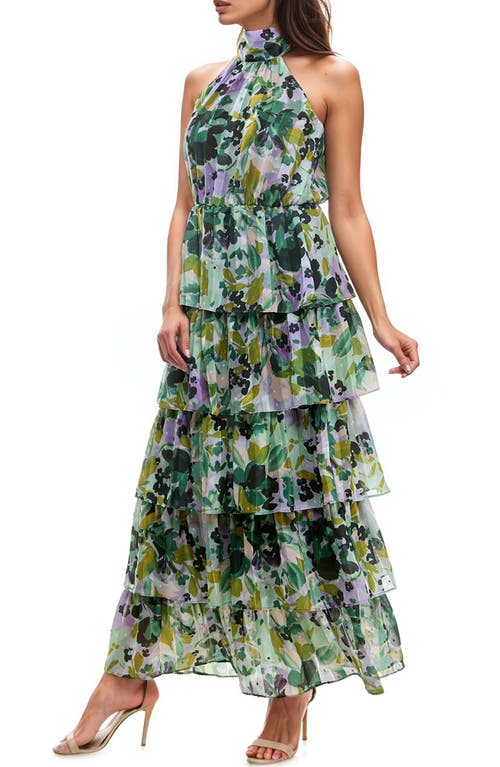 Shop Socialite Floral Print Sleeveless Tiered Maxi Dress In Green/lilac