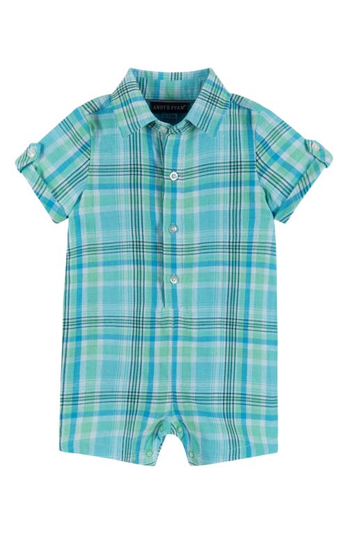 Andy & Evan Plaid Cotton Romper Bow Tie Set Aqua at Nordstrom,