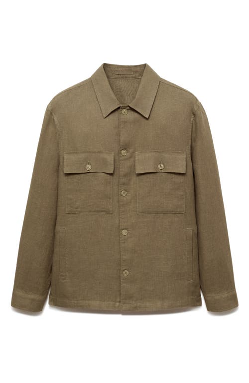 Shop Mango Linen Button-up Shirt Jacket In Khaki Green