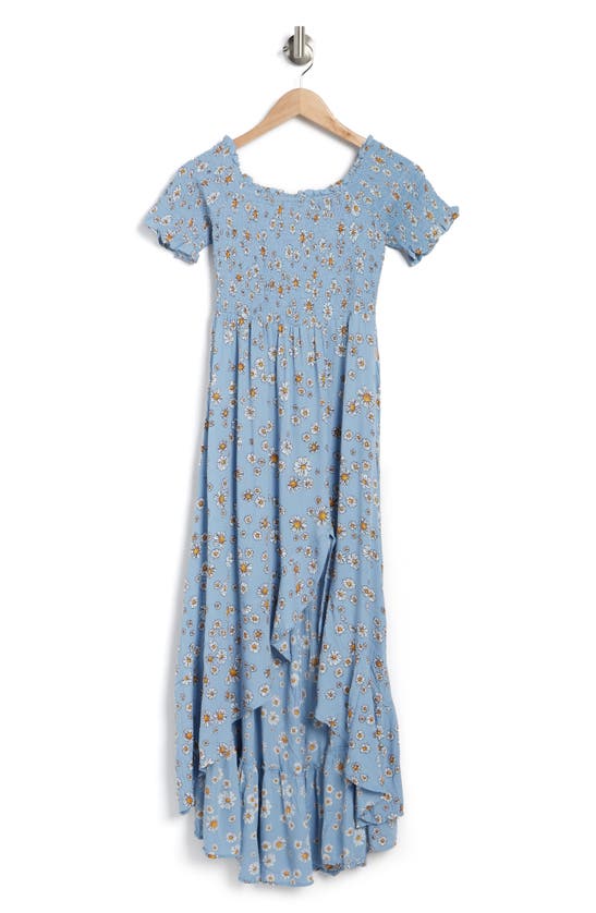Angie Floral Smocked Short Sleeve Maxi Dress In Blue