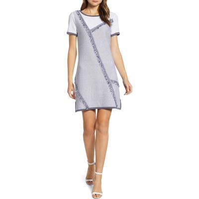 Ming Wang Fringe Trim A-Line Sweater Dress, Blue