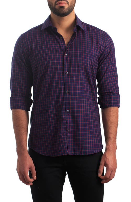 Jared Lang Trim Fit Plaid Cotton Button-Up Shirt in Navy And Red at Nordstrom, Size Large