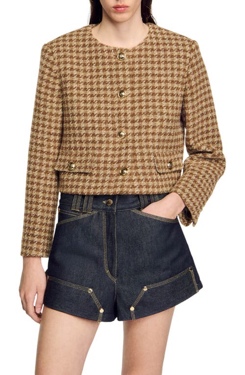 Shop Sandro Short Micro Houndstooth Jacket In Brown