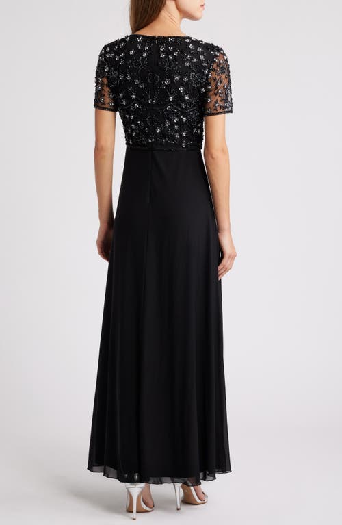 Pisarro Nights Beaded Bodice Short Sleeve Gown In Black