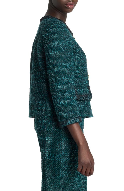 Shop St John St. John Evening Textured Tweed Knit Sweater Jacket In Dark Teal/black Multi