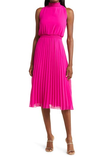 Sam Edelman Smocked Plissé Midi Dress In Magenta