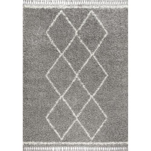 Jonathan Y Mercer Shag Plush Tassel Moroccan Geometric Trellis Denim Area Rug In Gray/cream