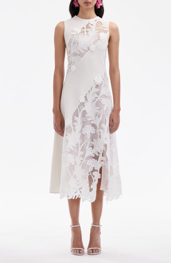Oscar De La Renta Marbled Carnation Guipure Inset Sleeveless Midi Dress<br> In Off White