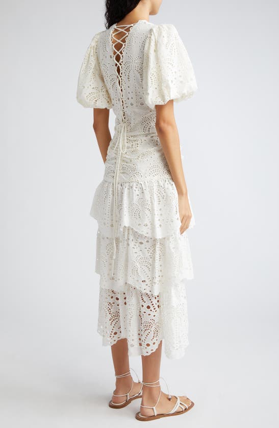 Shop Farm Rio Eyelet Puff Sleeve Tiered Cotton Midi Dress In Off-white