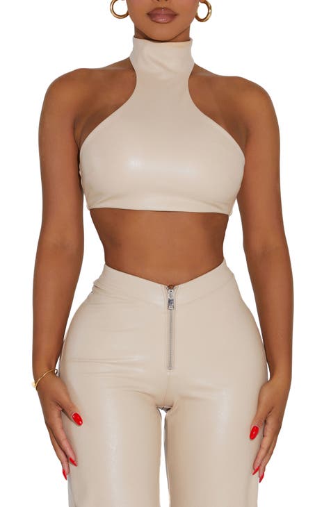 Cheap Women Short PU Leather Top High Neck Long Sleeve Stitching Slim T- Shirt Navel Casual Elastic Tops