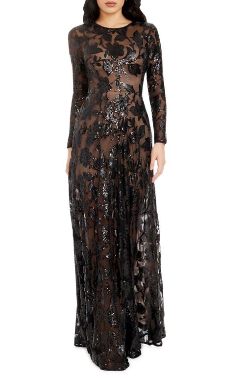 Shop Dress The Population Ava Sequin Floral Long Sleeve A-line Gown In Black-nude