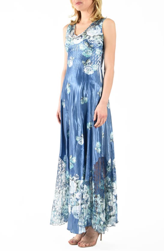 Shop Komarov Floral Lace-up Charmeuse Maxi Dress In Sapphire Blue Roses